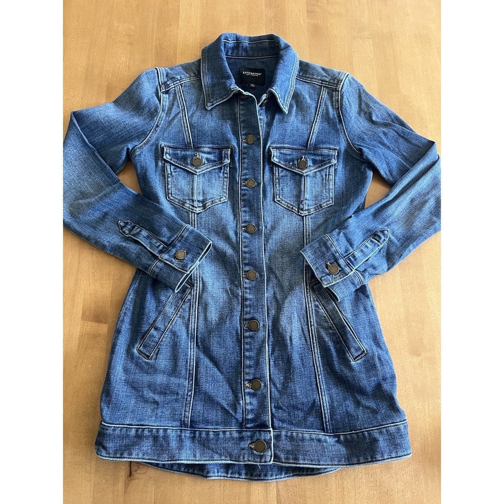 Women's Liverpool Jeans Company Long Denim Jacket Sz XS Tapered Waist Buttons
